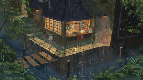 Rainy Night Refuge in Anime Town wallpaper