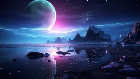 Moonlit Dreamscape of a Serene Rocky Shore wallpaper