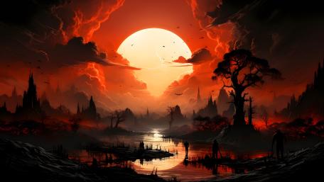 Crimson Dusk Over Mystical Lands wallpaper