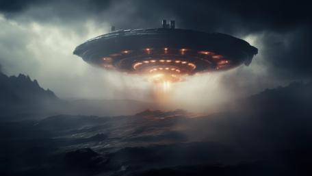 Mysterious Arrival Over Misty Terrain wallpaper