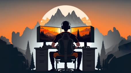 Gamer's Haven - A Scenic Mountain View Setup wallpaper