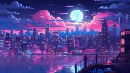 Moonlit Metropolis in Pink and Blue Hues wallpaper