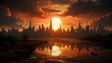 Sunset Over Futuristic Metropolis wallpaper