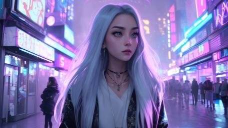 Silver-Haired Girl in Neon Metropolis wallpaper