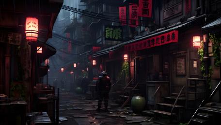 Mysterious Night in Neon-Lit Cyberpunk Alley wallpaper