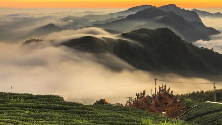 Misty Sunrise Over Alishan's Verdant Slopes wallpaper