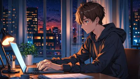 Late-Night Dedication in the City Glow wallpaper