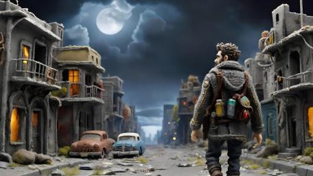 Moonlit Wanderer in a Ruined City wallpaper