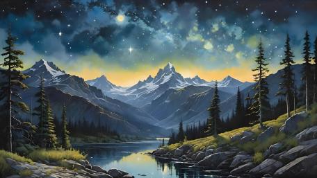 Starry Night Over a Tranquil Anime Mountain Landscape wallpaper