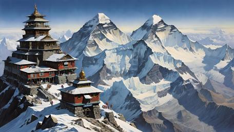Mystical Monastery Amidst Snow-Capped Peaks wallpaper