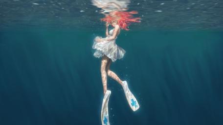 Underwater Serenity with a Red-Haired Anime Girl wallpaper