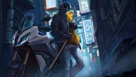Futuristic Ninja Warrior on Neon-Lit Streets wallpaper