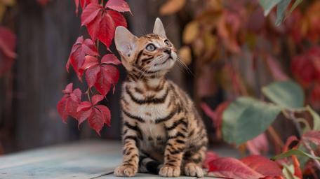 A Bengal Kitten Among Fall Leaves wallpaper