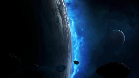 Asteroid Shadows in the Cosmic Blue wallpaper