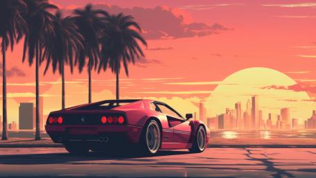 Retro Sunset Drive with Exotic Sports Car wallpaper