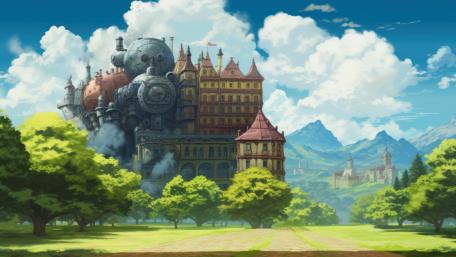 Majestic Moving Castle Amidst a Scenic Landscape wallpaper