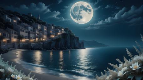Moonlit Coastal City by the Sea wallpaper