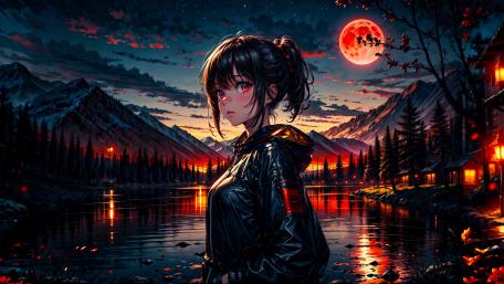 Mystical Evening by the Red Moon wallpaper