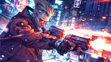 Futuristic Showdown in Neon Metropolis wallpaper