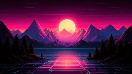 Neon Dusk in Retro Synthwave Mountains wallpaper