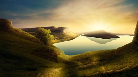 Serene Sunrise Over Tranquil Lake View 5K Wallpaper wallpaper