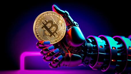 Neon Robot Holding Bitcoin wallpaper