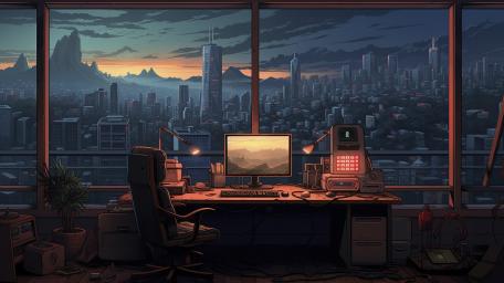 Lo-Fi Anime Office with Cityscape View wallpaper