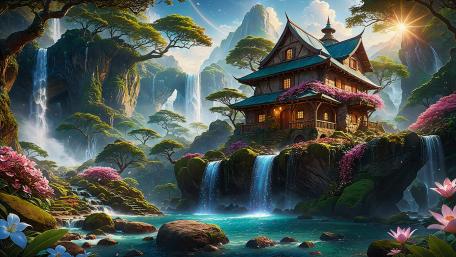Enchanted Waterfall Cottage Retreat wallpaper