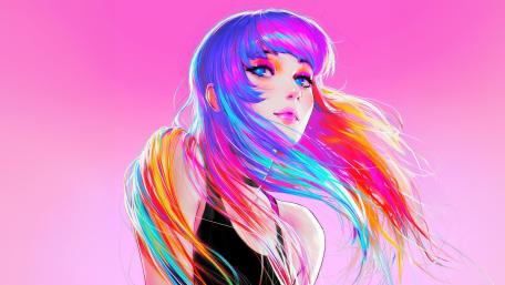 Rainbow-Haired Anime Girl with Blue Eyes wallpaper