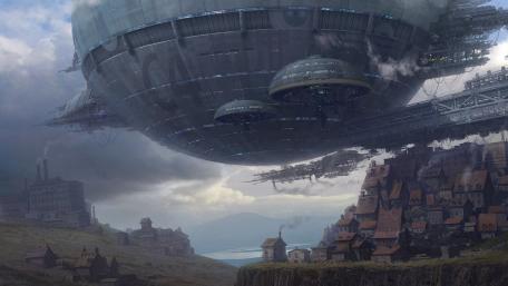 Steampunk Village Under Massive Airship wallpaper