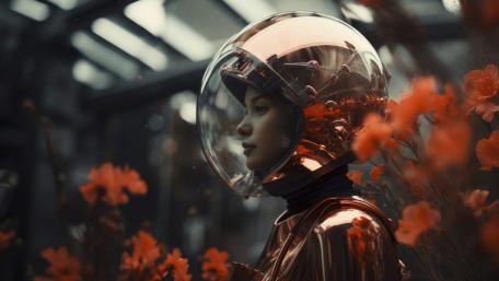 Futuristic Wanderer in Blooming Metropolis wallpaper