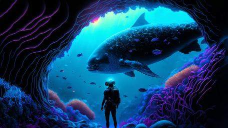 Diver Encounters Giant Fish in an Underwater Cave wallpaper