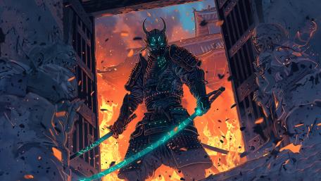 Oni Samurai in a Fiery Battle wallpaper