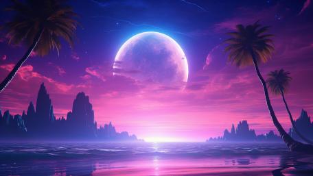 Vaporwave Moonlit Oasis wallpaper