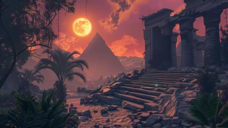 Enchanted Ruins Under Red Moon wallpaper