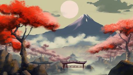 Mystical Japanese Landscape in Red Hues wallpaper