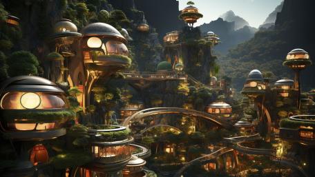 Futuristic Mountain Utopia wallpaper