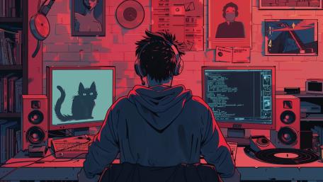 Focused Nighttime Coding Session in Anime Style wallpaper