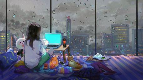 Laptop in Anime Room on Rainy Night wallpaper