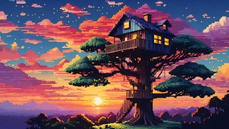 Pixelated Treehouse at Sunset wallpaper