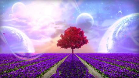 Enchanting Red Tree in a Cosmic Landscape wallpaper