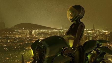 Futuristic Biker Girl Overlooking Neon Cityscape wallpaper