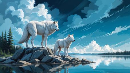 Majestic White Wolves by the Lake wallpaper
