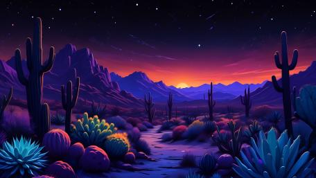 Twilight Desert Dreamscape with Vibrant Cacti wallpaper
