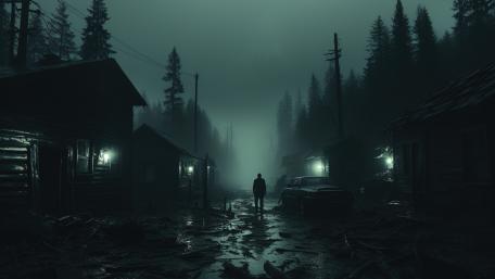 Eerie Fog Descends on Haunted Village wallpaper