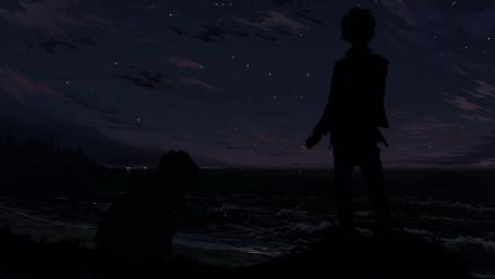 Starry Night with Anime Boy Silhouettes wallpaper