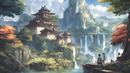 Mystical Valley Castle in Anime Landscape wallpaper