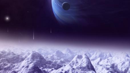 Frosted Alien Peaks Under a Distant Planet wallpaper