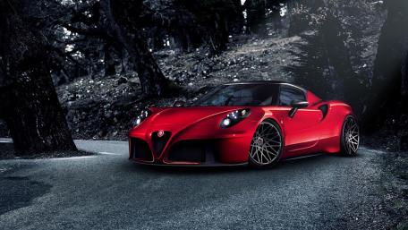 Red Alfa Romeo 4C on Forest Road wallpaper