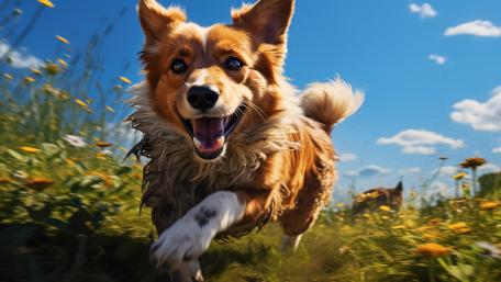 Energetic Corgi in a Sunny Field wallpaper